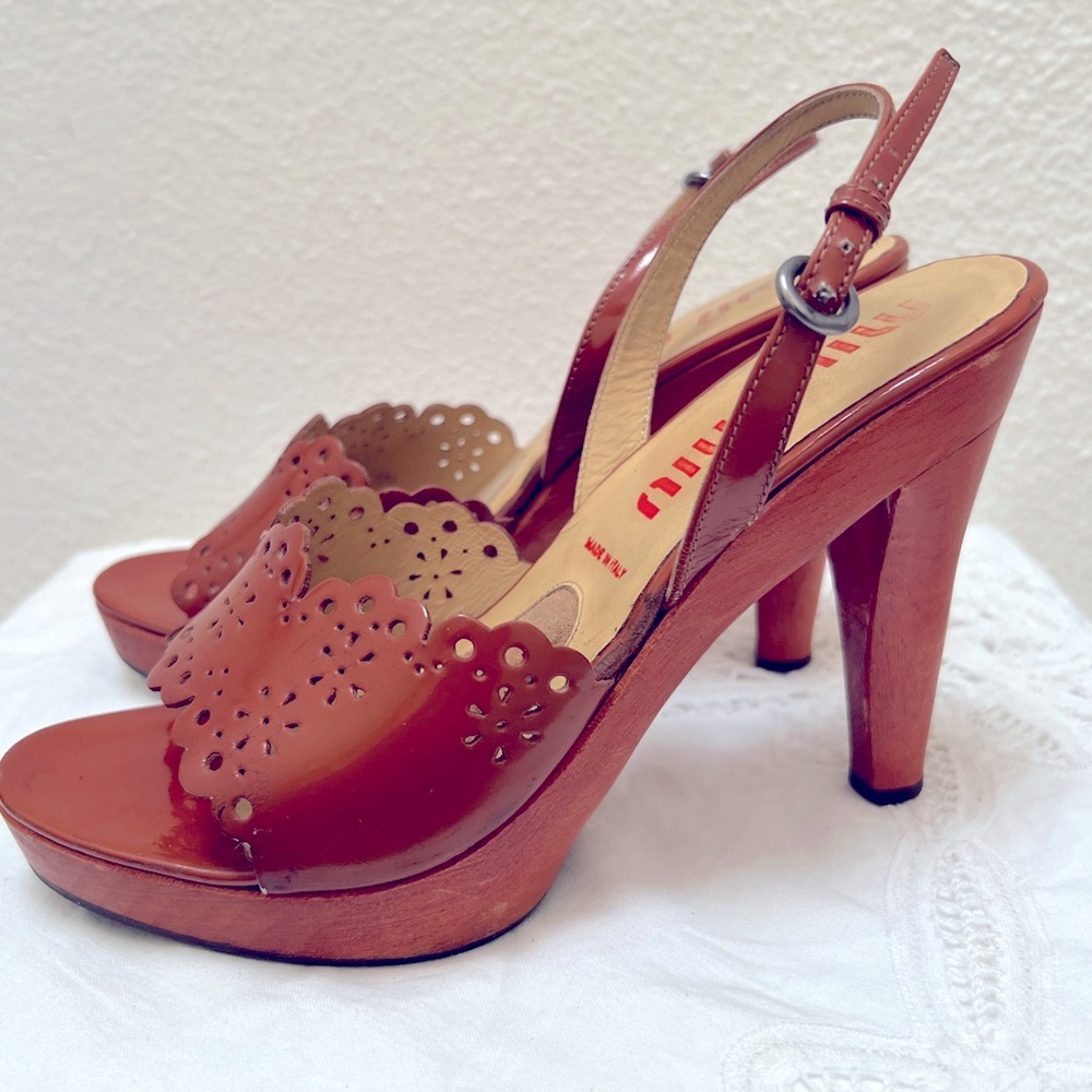 Vintage Miu Miu Laser Cut Lace Pattern Wooden Sandals